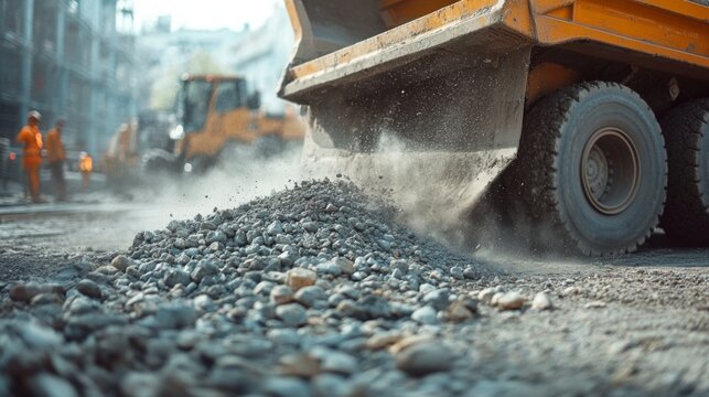 A dump truck unloading gravel on a construction site