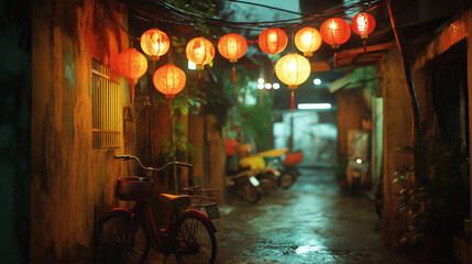 Naklejka premium A Bicycle and Lanterns Create a Magical Scene in a Southeast Asian City During Chinese New Year.