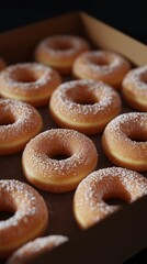 Freshly baked donuts covered in sugar, neatly arranged in a brown box, perfect for dessert lovers and bakery promotions.