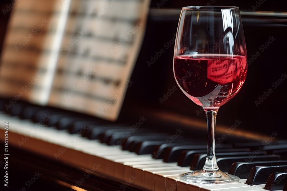 Wall mural a glass of red wine resting on a piano with sheet music symbolizing the harmony between music and wi