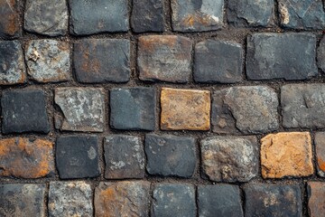Fototapeta premium Old brick road with uneven surfaces and worn patches, evoking a sense of history and timeless charm, perfect for depicting cobblestone streets and traditional pathways
