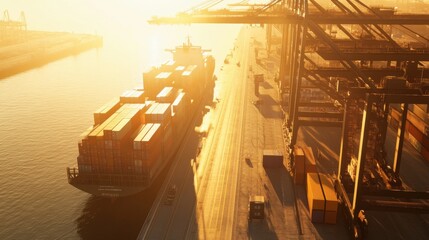 A modern port terminal bathed in morning light, where containers are loaded onto ships, Signifying the efficiency of international commerce