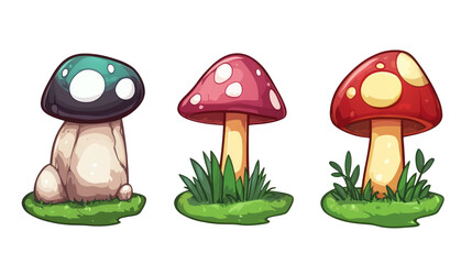 Mushrooms in grass, set of game assets, 2D cartoon style
