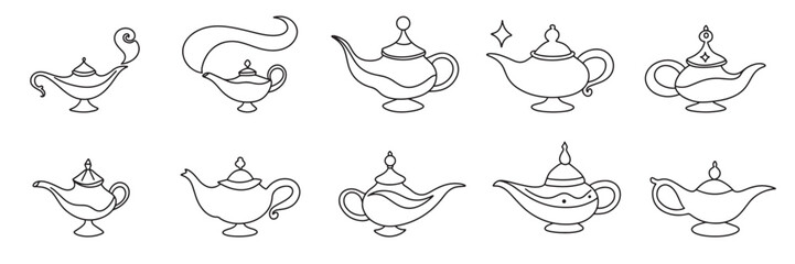 Collection of magic lamp in doodle style. Hand drawn vector art.