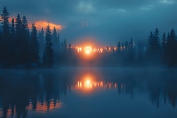 Fototapeta premium Mystical Twilight Over a Serene Forest Lake at Sunset
