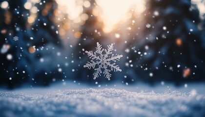 Naklejka premium A single snowflake descends softly against a blurred forest backdrop, capturing the serene essence of a winter evening.