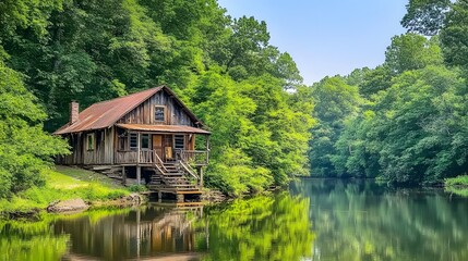 Obraz premium Rustic Cabin Near Tranquil River in Green Forest