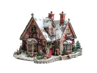 product photo of a ceramic Christmas village house, captured on a transparent background