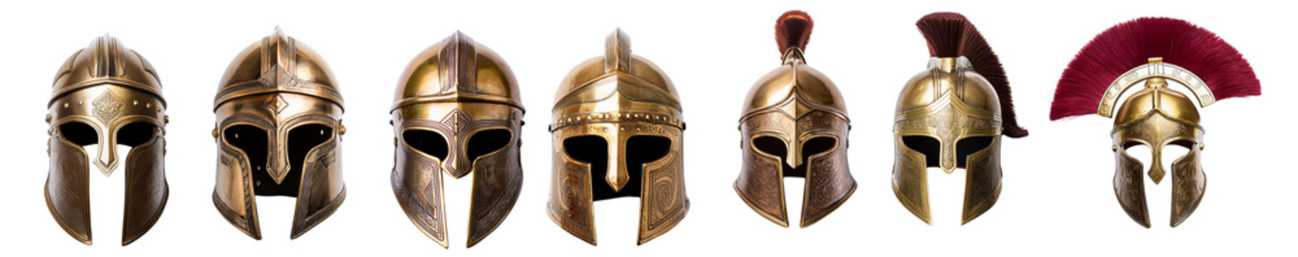 Collection of various ancient helmets isolated on white background.