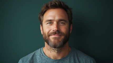 Obraz premium Smiling European Man with Beard Against Dark Background