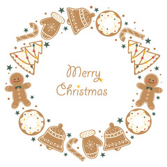 Cute Christmas banner with gingerbread cookies. Merry christmas greeting card. Template Christmas winter holiday design.