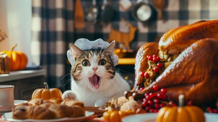 Festive cat chef surprised by thanksgiving feast in cozy kitchen setting.