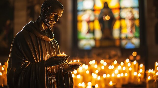 The statue of Saint Maximilian Kolbe exudes grace, embodying sacrifice and devotion amid candles and sacred symbols in a serene environment.