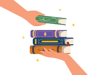 hand holding a stack of books. Sharing book for education, give knowledge to people. Second hand books.