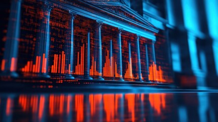 Obraz premium A futuristic depiction of financial growth, showcasing colorful data visuals against an architectural background.