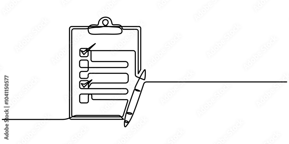 Poster clipboard with checklist and pen in one continuous line drawing. to do list with ticks and concept f