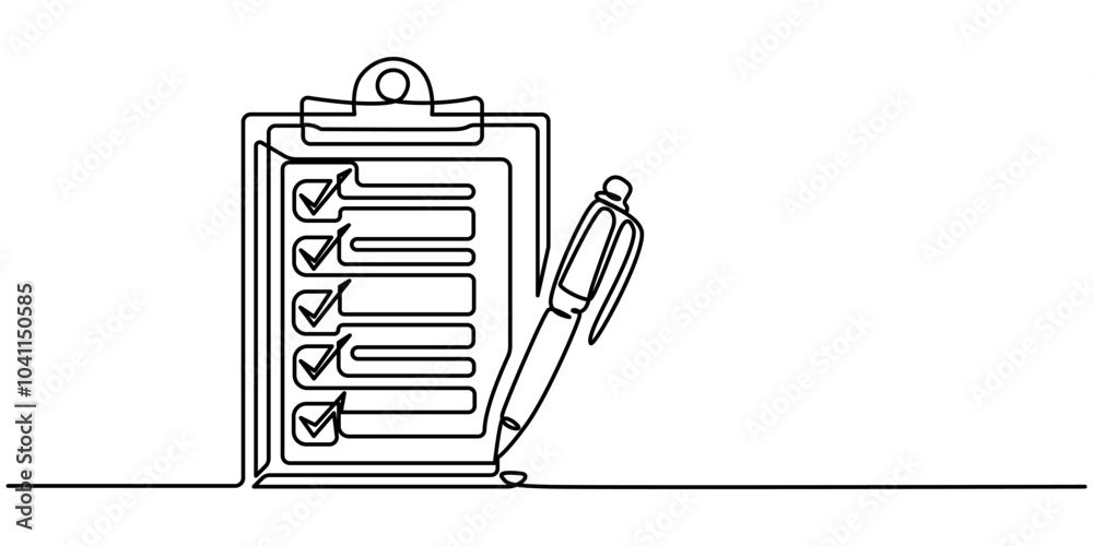 Poster clipboard with checklist and pen in one continuous line drawing. to do list with ticks and concept f
