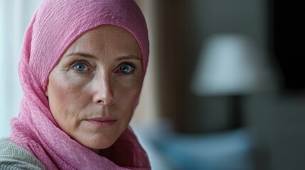 A older woman with cancer, wearing a pink scarf, looks directly into the camera Breast Cancer support