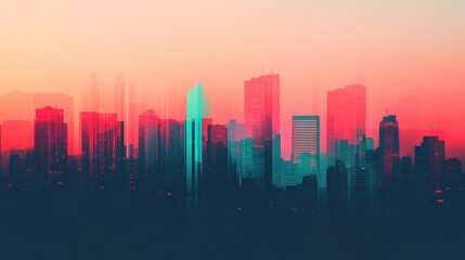 Fototapeta premium A modern city skyline bathed in vibrant hues of pink and blue, creating a dreamy and abstract urban landscape.