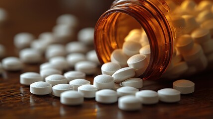 White tablets spilled from a brown prescription bottle on a wooden surface in a well-lit setting during the day