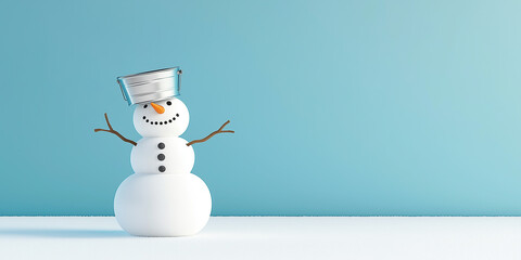 Weihnachtsschneemann mit silbernem Eimer auf dem Kopf. Schneemann im Schnee mit weißen Schneeflocken. Realistischer 3D-Cartoon-Stil. Winterweihnachtshintergrund. Postkarte Einladung Werbung