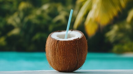 A refreshing coconut drink with a straw, set against a lush tropical backdrop, perfect for summer vibes and relaxation.