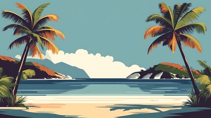 Tropical beach in flat style, large palm trees, calm ocean water reflecting the blue sky, soft yellow sand, simple geometric shapes, smooth gradients, peaceful and relaxing atmosphere, hd quality.