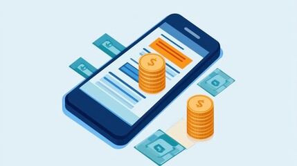 A smartphone displaying a financial transaction with coins and banknotes, symbolizing digital payments and modern banking solutions.