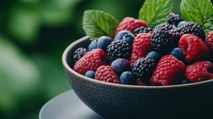 A vibrant bowl of fresh mixed berries, including raspberries, blackberries, and blueberries, adorned with green mint leaves.