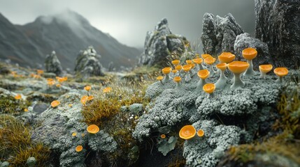 Orange Fungi in a Misty Mountain Landscape