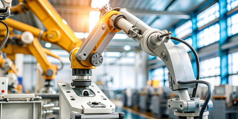 AI Robotic Arm Manufacturing Plant Glossy Image | Precision Automation Technology | High-Tech Production Scene with Copy Space for Branding & Text | Stock Photo Concept