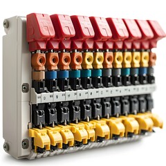Naklejka premium Close up of a circuit breaker box with various electrical fuses against a plain white background