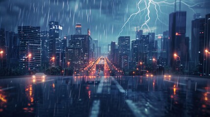 Fototapeta premium Thunderstorm displays an abstract beauty. Lightning and rain dominate the dark, stormy sky.