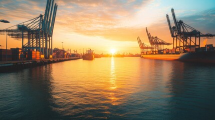 Obraz premium A modern port terminal illuminated by the rising sun, where shipping operations unfold with precision and speed, reflecting the efficiency of international commerce