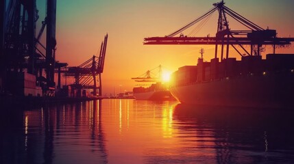 Fototapeta premium A modern port terminal illuminated by the rising sun, where shipping operations unfold with precision and speed, reflecting the efficiency of international commerce