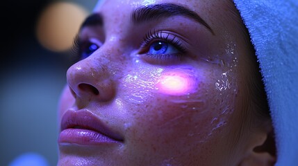 Close-up of a woman's face receiving a blue light therapy treatment at a skincare clinic, highlighting modern beauty practices.