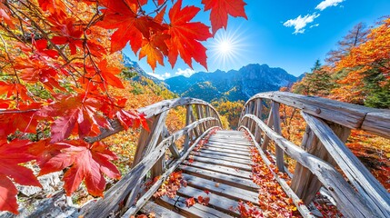 Autumn Adventures A Scenic Bridge Amidst Colorful Foliage and Majestic Mountains