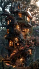 Obraz premium Enchanted Treehouse in a Magical Forest: A Dreamy Escape
