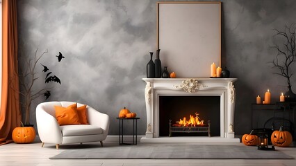 Modern minimalist wall art mockup of fireplace living room for Halloween, blank frame for wall art mockup of living room, Halloween and Christmas spooky scary vibes of the room interior design