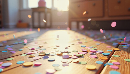 Sunlit confetti scattered on wooden floor