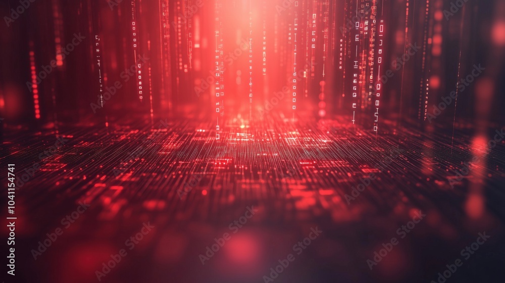 Poster Digital rain with red glowing binary code, abstract technology background