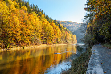 The gorge of the Dunajec River in autumn. Beautiful colorful autumn mountain landscape. Bicycle path along the river. Pieniny Mountains, Szczawnica, Poland