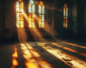  Ethereal Light Streams Through Abandoned Church s Stained Glass © Bussakon