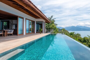 Fototapeta premium Stunning infinity pool with breathtaking views and sleek modern architecture, perfect for a luxurious getaway.