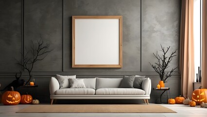 Modern minimalist wall art mockup of fireplace living room for Halloween, blank frame for wall art mockup of living room, Halloween and Christmas spooky scary vibes of the room interior design