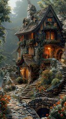 Fototapeta premium Enchanted Stone Cottage in a Misty Forest