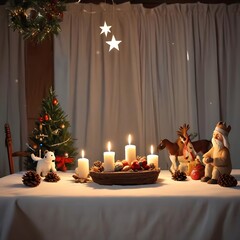 Mesa navideña iluminada por velas, decorada con figuras festivas, un pequeño árbol de Navidad y estrellas colgantes, creando un ambiente cálido y acogedor.