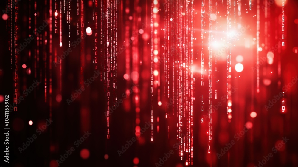 Poster red digital rain with glowing particles and binary code