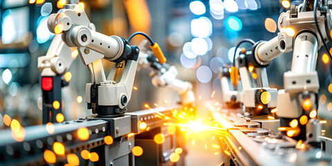 Bokeh Digital Art AI Assisted Manufacturing Modern Innovation Blurred Factory Lights Robotic Arms Data Streams Copy Space Concept Photo Stock