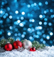 A festive arrangement of red and silver Christmas ornaments on snow, with a sparkling blue bokeh background